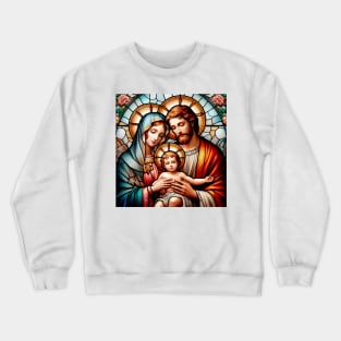 Christian stained glass of the Biblical Holy Family: Saint Joseph, Our Lady and the Child Jesus Crewneck Sweatshirt